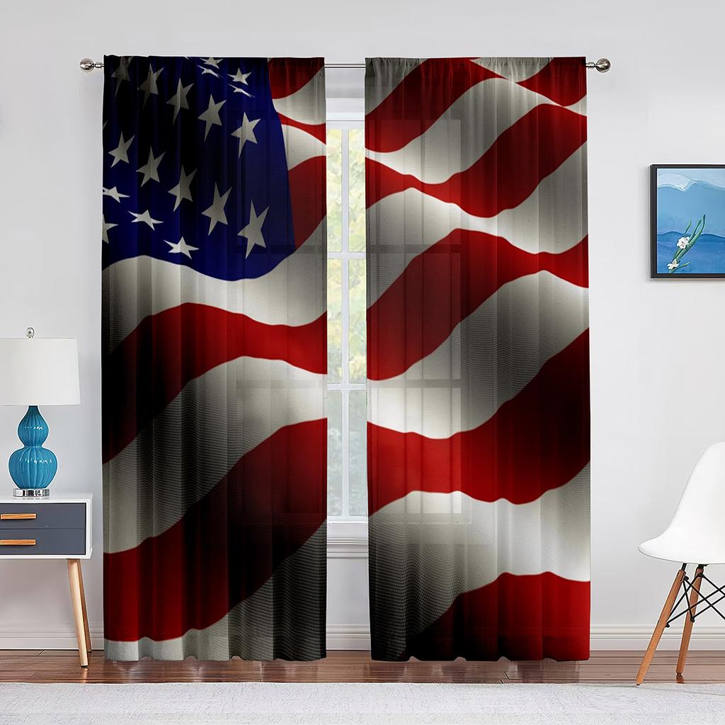 Tüllvorhang mit amerikanischer Flagge zum Unabhängigkeitstag für Schlafzimmer, Fensterdekoration, Wohnzimmer, USA-Streifen, Chiffon, transparente Vorhänge