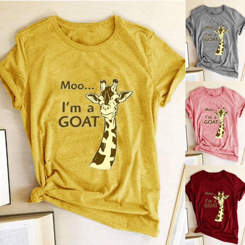 

Женщины Жираф Коза Узор Принт Смешно Смешной Симпатичная футболка Лето Короткий рукав O-образный вырез Топы Повседневный Свободный Хлопок Тройник