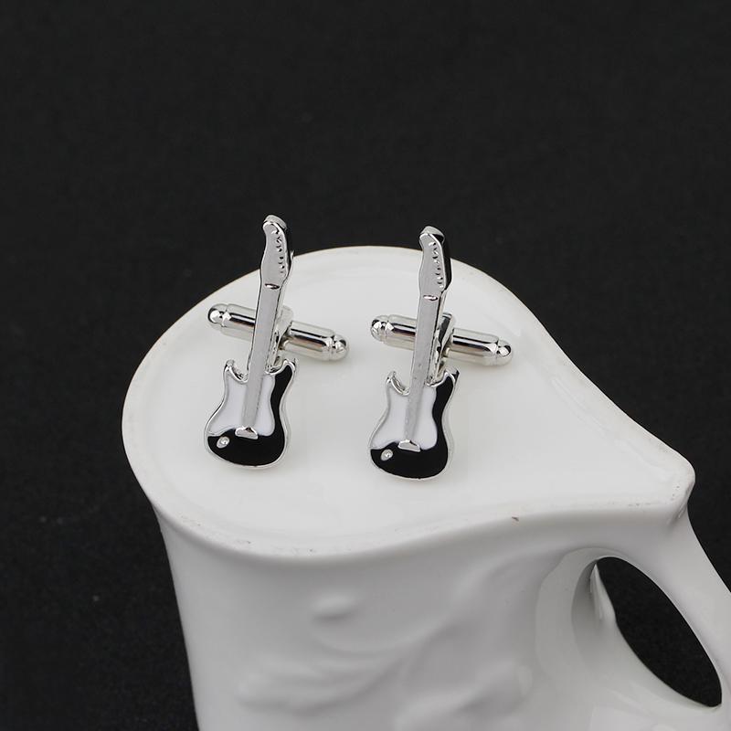 Funny Mens Guitar Shaped Enamel Cufflinks Musical Instrument Design Sleeve Button Music Fans Jewelry Silver Tone