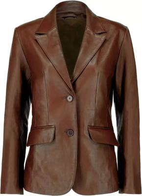 Handmade Women's Blazer Brown Two- Button Genuine Lambskin Leather Classic Stylish