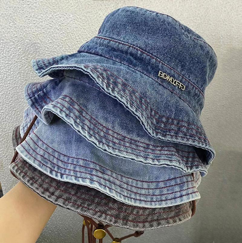 Denim Bucket Hat Women's Outdoor Camping Mountain Hat Versatile Fashion Metal Label Retro Washed Visor Men