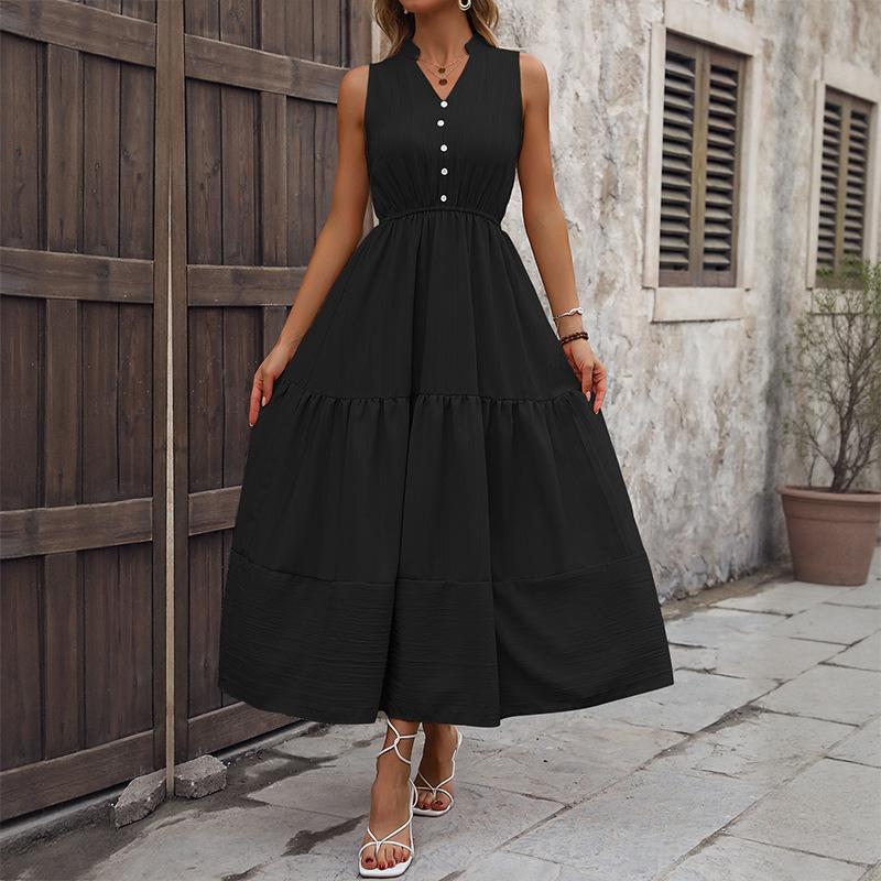 2025 new casual simple style high waist sleeveless solid color dress long skirt waist