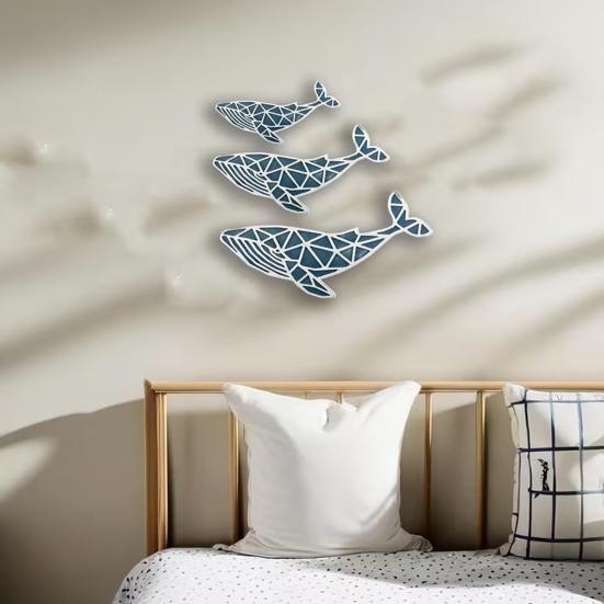 3 Piezas de Arte de Pared de Ballena Náutica de Madera Hecho a Mano, Decoración Colgante de Pez Marino Costero, Adornos de Pared de Ballena Vintage para Sala de Estar Baño