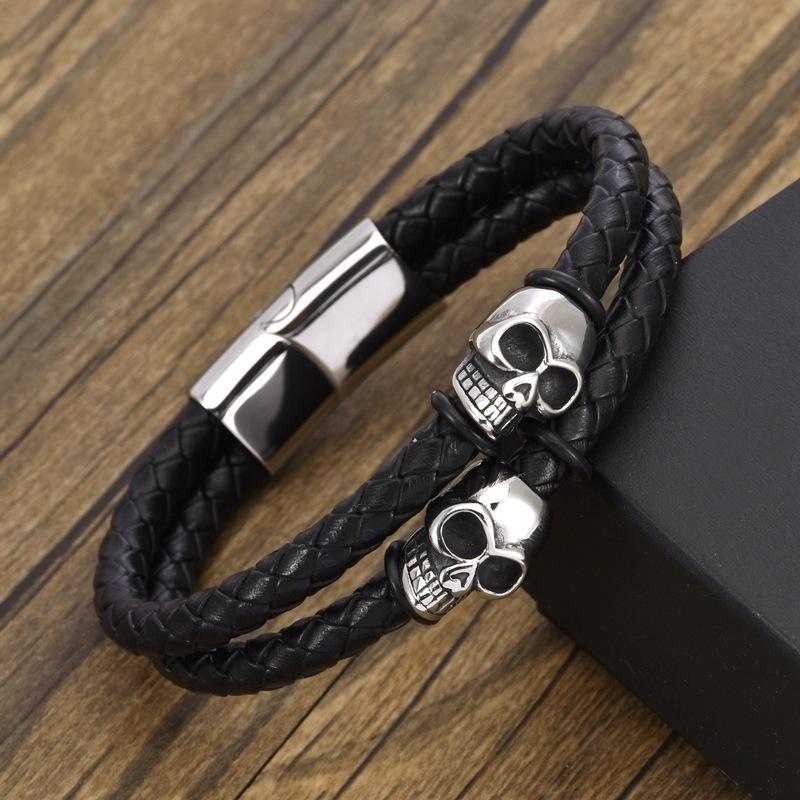 New Hand Woven Gold-plated Stainless Steel Skull Scalp Leather Bracelet with Punk Style Magnetic Buckle Men's Leather Bracelet
