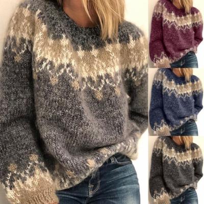 Women Autumn Winter Sweater Round Neck Stripe Print Knitting Sweater Patchwork Pullovers Casual Loose Fashion Long Sleeve Sweater