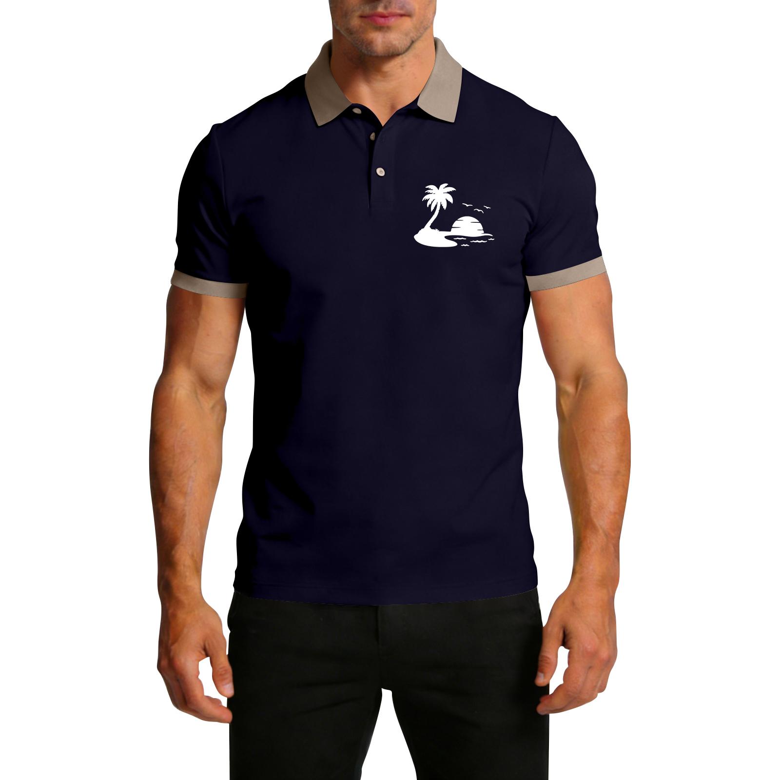 

Short Sleeve Polo Shirt with Collar and Cuffs Print Classic Fit Soft Fabric for Men and Women L тёмно-синий