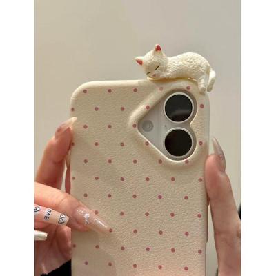 Heart Polka Dot Cat Phone Case for Apple iPhone 17 Pro Max - Soft Silicone Shockproof Creative Cover On iPhone 16/15/14/13/12/11/Pro/Pro Max/Plus