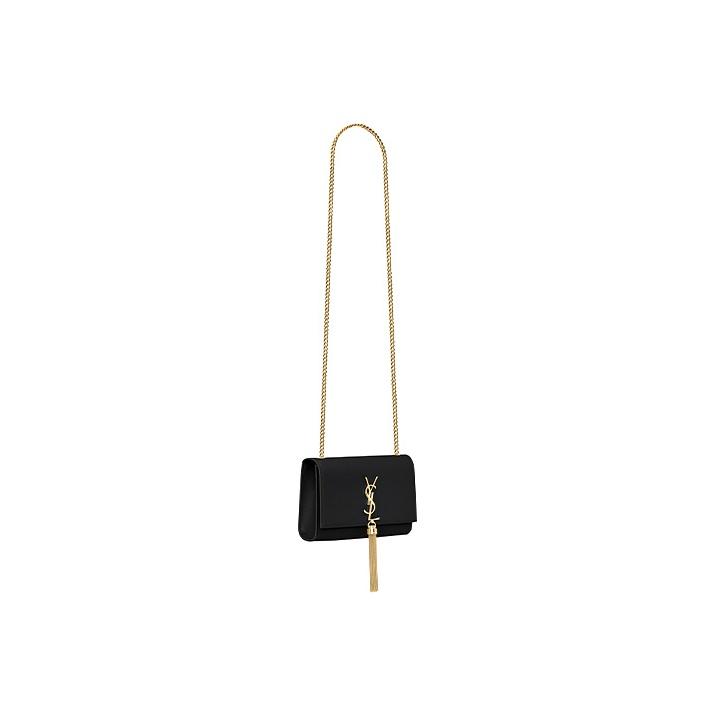 Saint Laurent Ysl Kate Gold Logo Grainy Embossed Leather Tassel Chain Shoulder Bag Small Women Bags Black 474366-BOW0J-1000