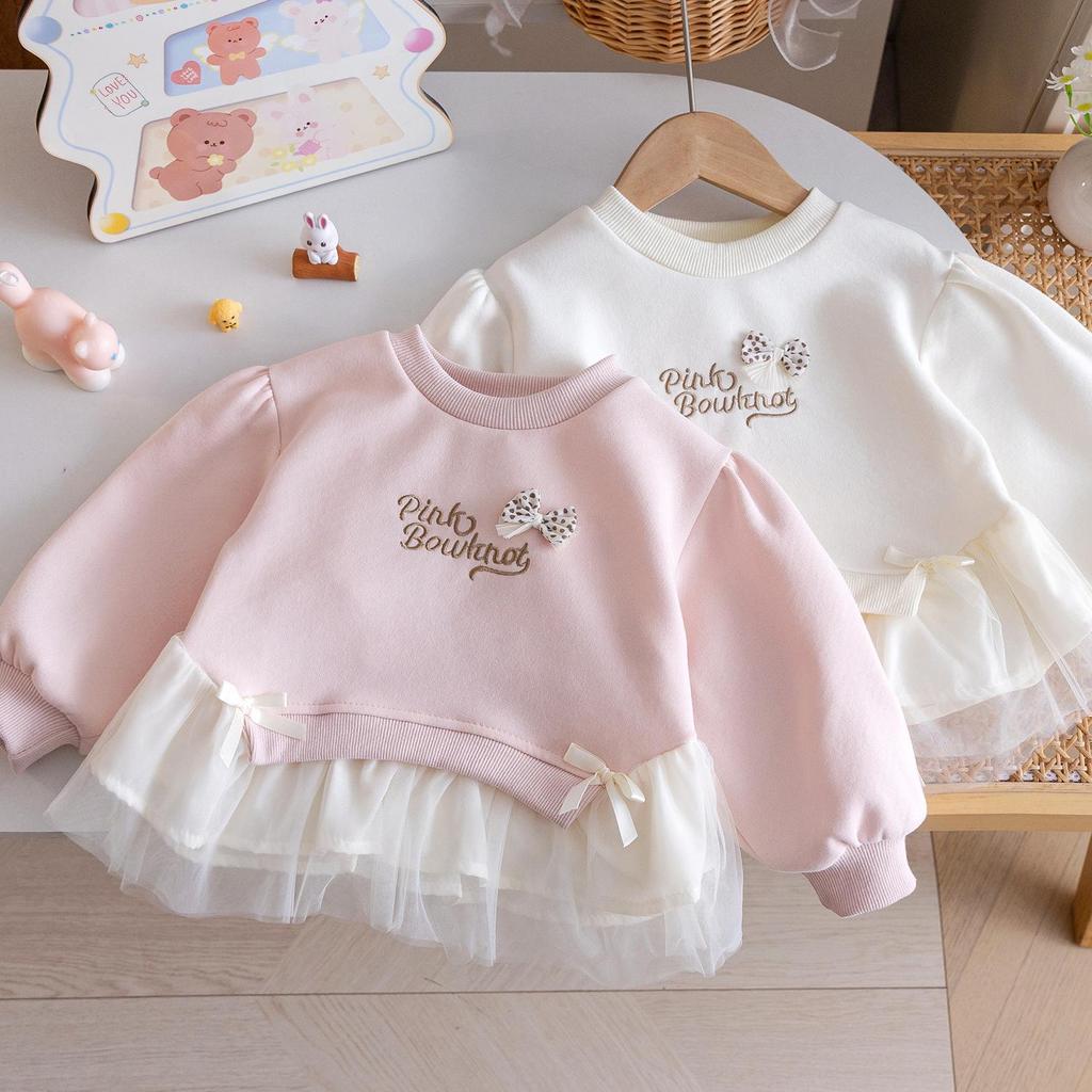 Autumn 25 Lace Trim Korean Style Sweatshirt for Girls - Embroidered Bow Top with Trendy Lettering