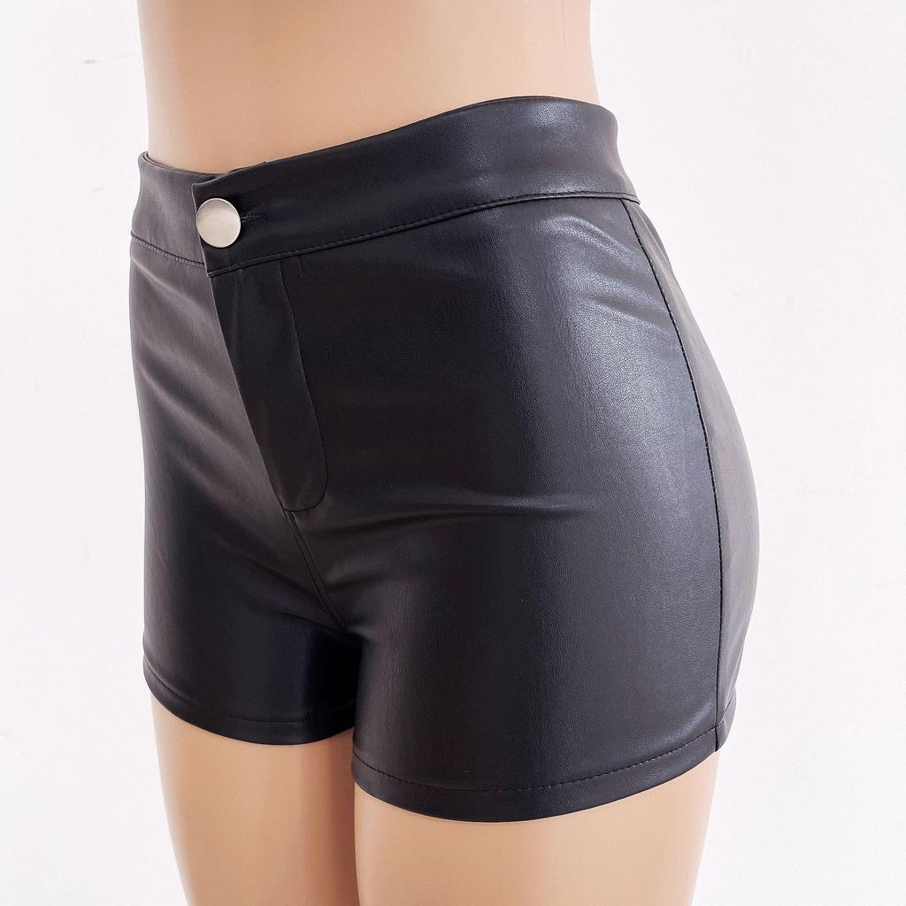 809# Women's High-Waisted Black PU Leather Shorts - Sexy, Tight, Hip-Hugging Autumn/Winter Base Layer