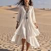 Damen V-Ausschnitt Dreiviertelarm Einfarbig Weiß Maxikleid Hohe Taille Rüschensaum Fließendes Boho-Kleid