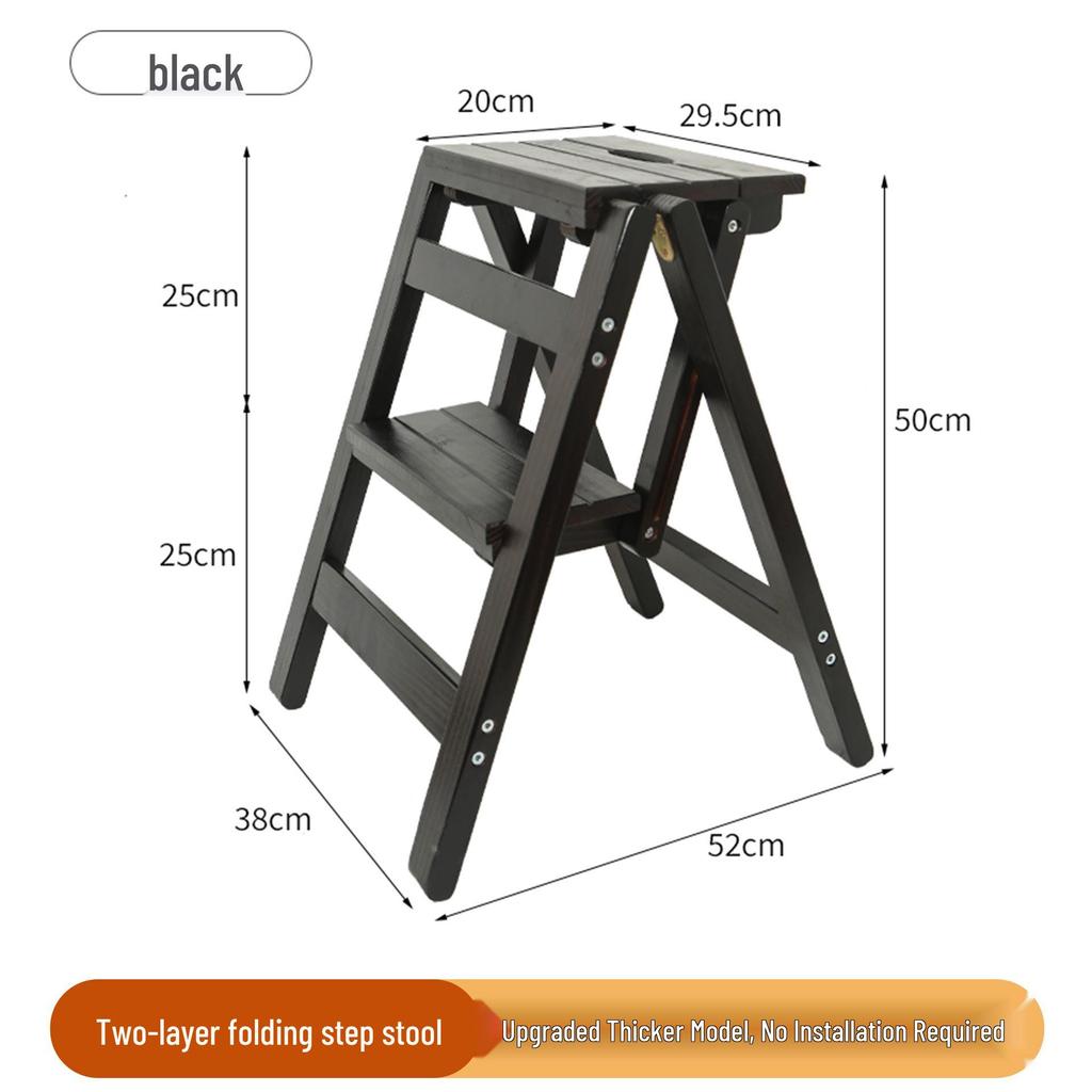 Solid Wood Foldable Ladder with Non-Slip Steps - Multi-Functional, Portable, Stackable, and Ideal for Household Climbing and Storage.