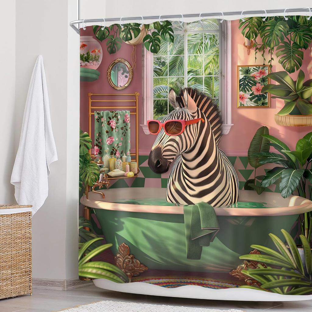 Funny Zebra Shower Curtain 60Wx72L Inch Fun Wild Animal in Bathtub Hilarious Cool Modern Tropical Green Leaves Plant Summer Bath