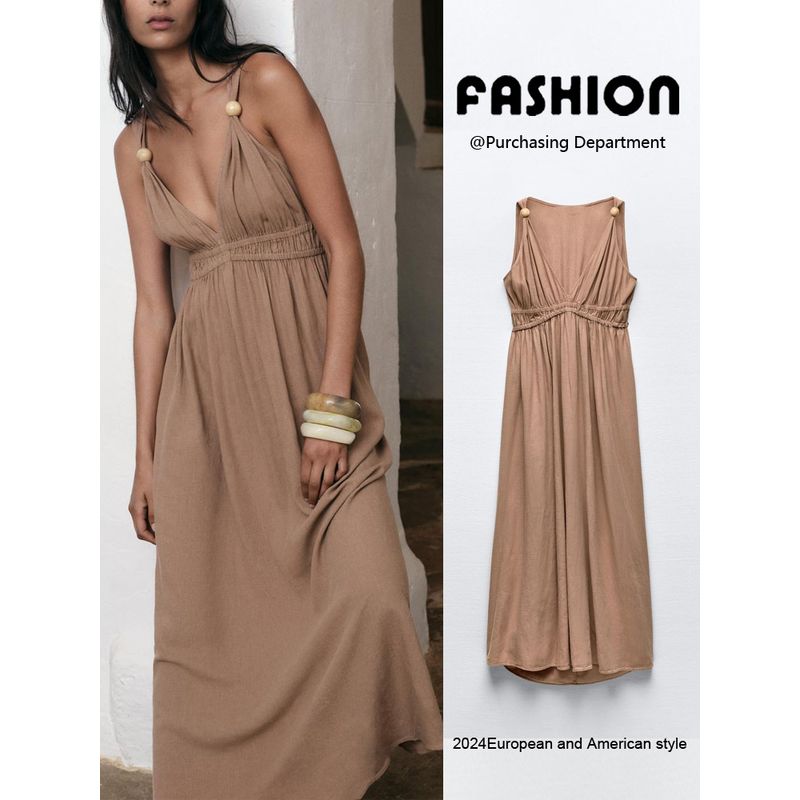 Za2024 Summer New Product Women's Clothes Waist Slim Looking Ball Decoration Sleeveless V Neck Length Dress 3495817 658