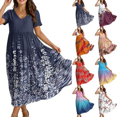 Women Casual Loose Bohemian Floral Dress Short Sleeve Long Maxi Summer Beach Swing Dress