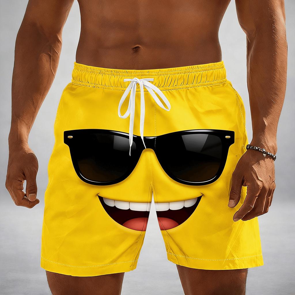 Men's Bright Yellow Print Drawstring Shorts, Spring Summer Fun Cartoon Casual Shorts, Pocket Beach Shorts