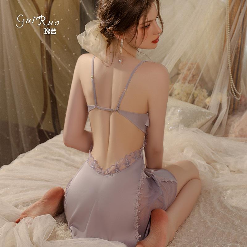 Women's French Silky Backless Cami Sleep Dress with Robe for Spring Summer