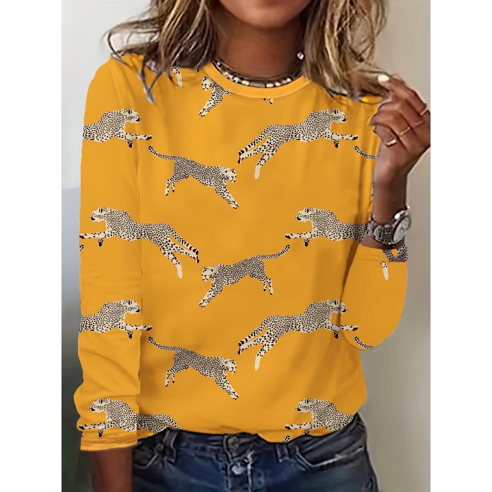 Spring and Autumn Round Neck Leopard Print Pattern 3D Printed Top Fashionable Casual Long Sleeved Women's T-shirts