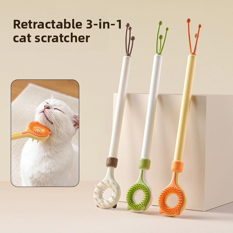 1PC Cat 3-in-1 Telescopic Beauty Tool, Double-sided Massage Anti-itching Stick and Interactive Cat Teaser Stick, Suitable for Pet Hair Removal Brush