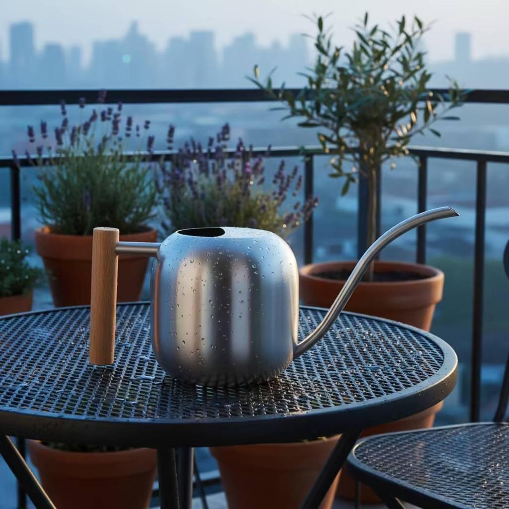Stainless Steel Watering Can Modern with Wooden Handle Silver Vessel for Plant Lovers,