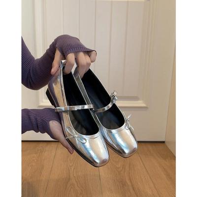 Versie van schapenvacht~ echt leer Franse retro platte strik lichte mond enkelvoudige schoenen dames nieuwe zilveren Mary Jane avondschoenen