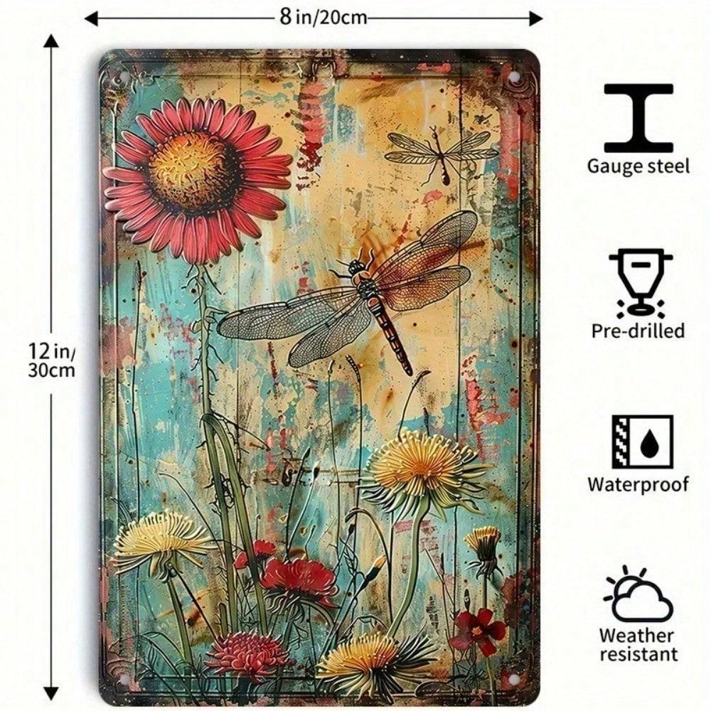

Vibrant Sunflower Dragonfly Metal Sign Garden Home Decor 8x12 Inches 20x30cm різнокольоровий