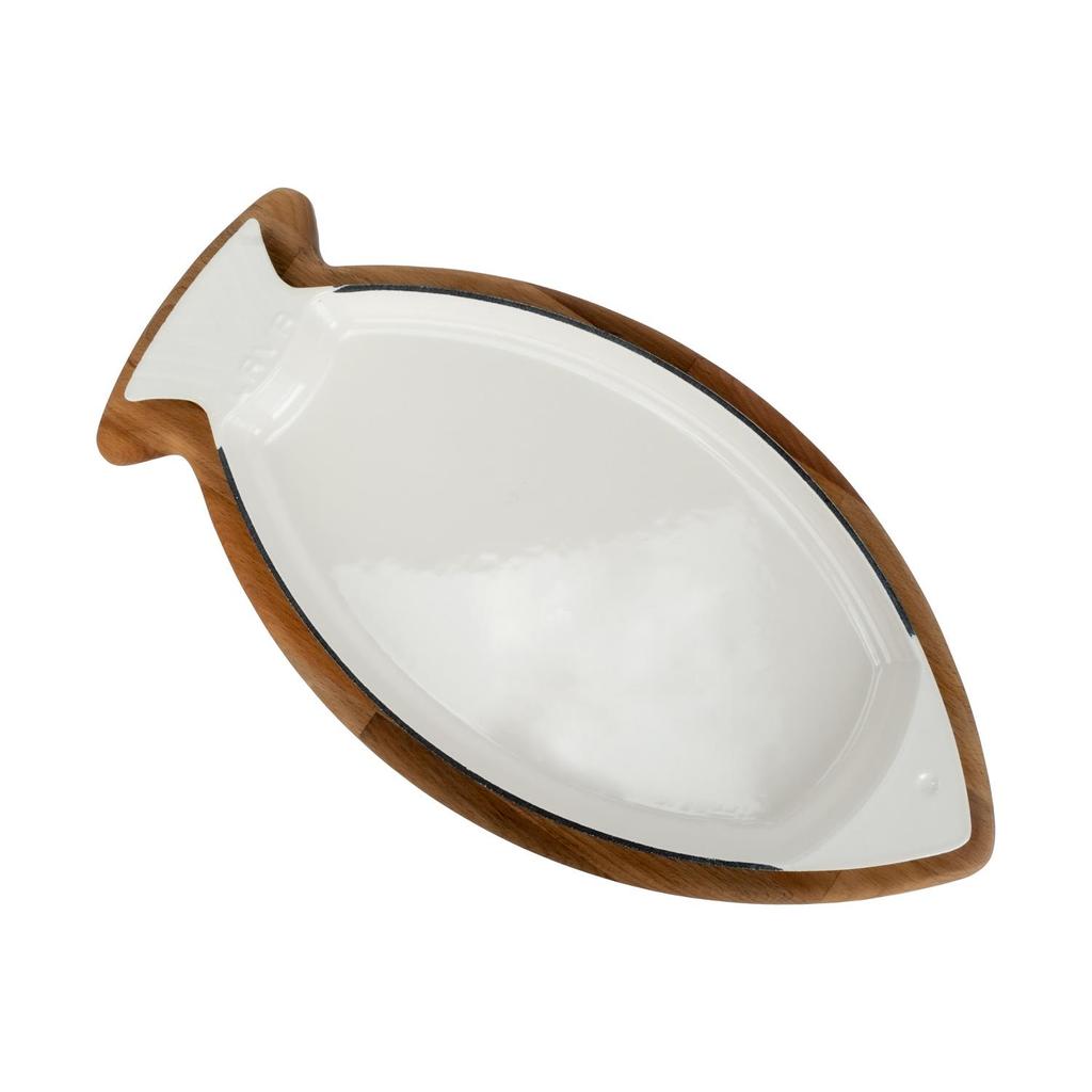 Lava Cast Fish Plate Cast Iron Solid Wood with Handle Beech Serving Wood Size 20x32 cm Sable Blue