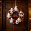 Window Hanging Ornament Halloween Boo Ghost Wreath, Spooky Door Decoration with Pumpkins Wreath And Spider Webs for Front Porch, Farmhouse Wall Decor