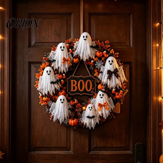 Window Hanging Ornament Halloween Boo Ghost Wreath, Spooky Door Decoration with Pumpkins Wreath And Spider Webs for Front Porch, Farmhouse Wall Decor