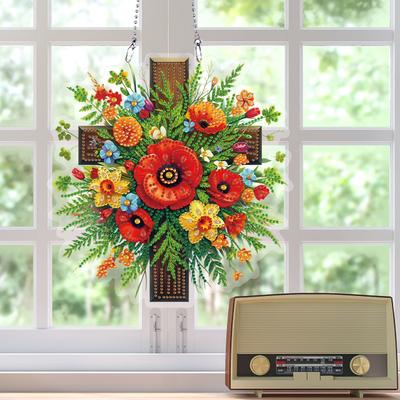 Cross Flower Theme 2D/Flat DIY Hanging Diamond Art Kits Rhinestone Diamond Art Window Pendants Window Hanging Art for Home Decor
