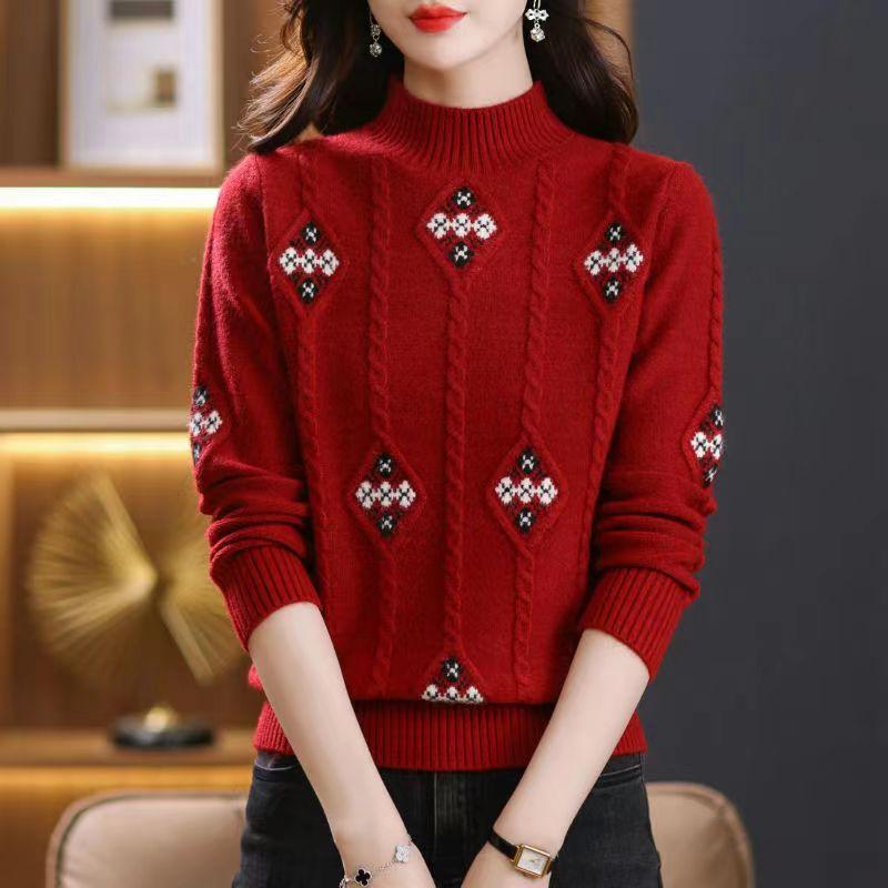 Women's autumn and winter new winter short thickened bottoming shirt mother red inner top semi-turtleneck sweater