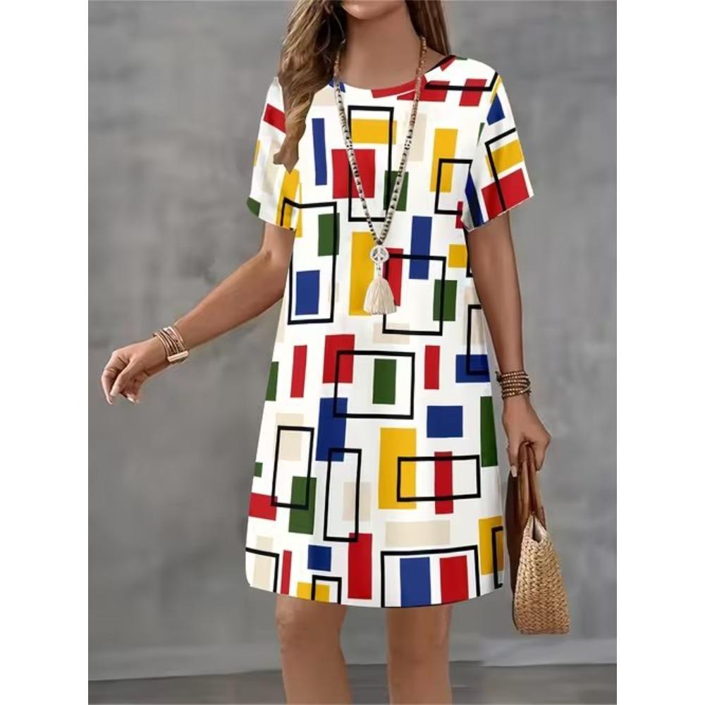 Moda Donna Grazioso Bello Semplice Stampa a Fantasia Estive Primaverili Manica Corta Scollo a O Abiti Casual
