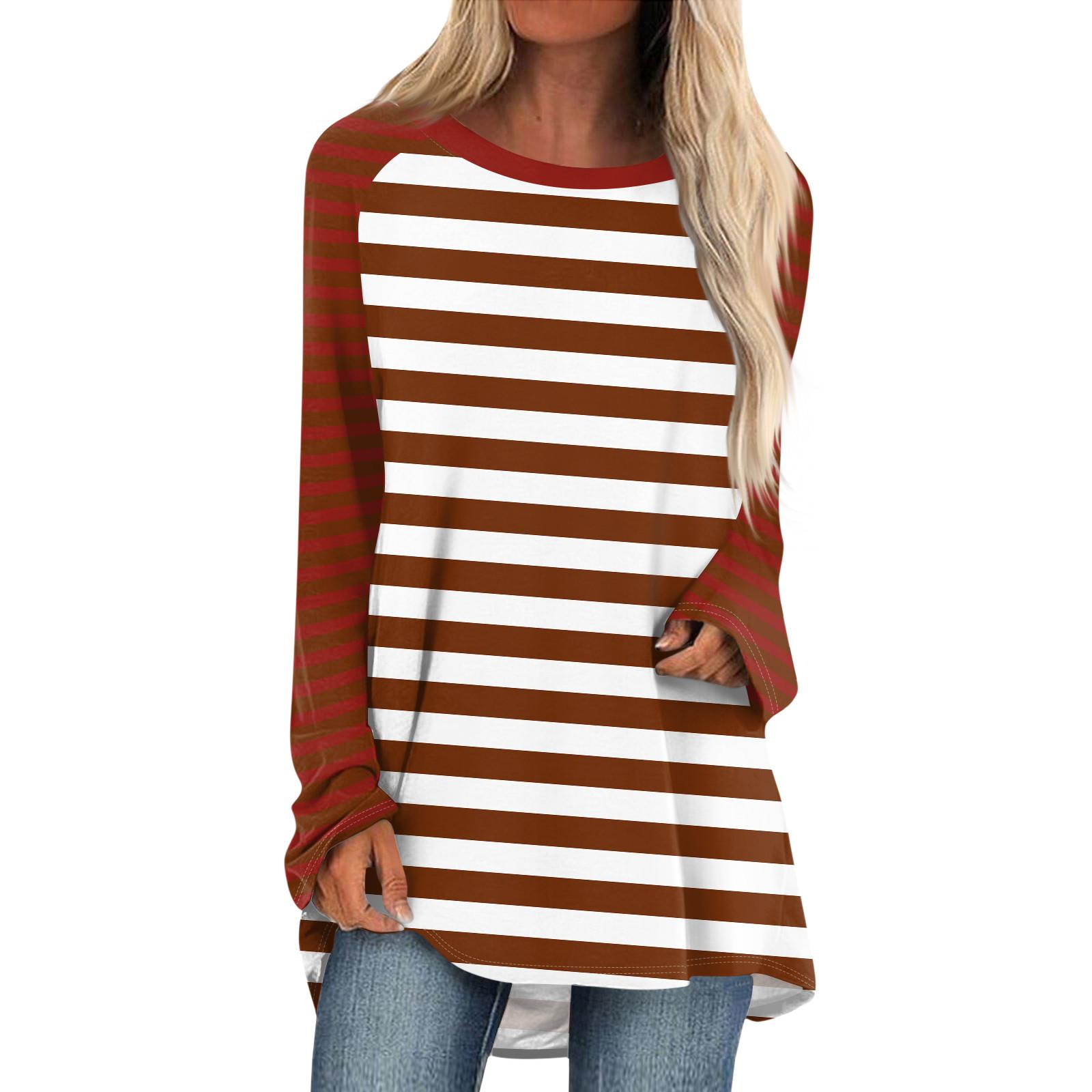 

Жіночий модний повсякденний топ із запущеними плечима з довгим рукавом і принтом у смужку міді XXL