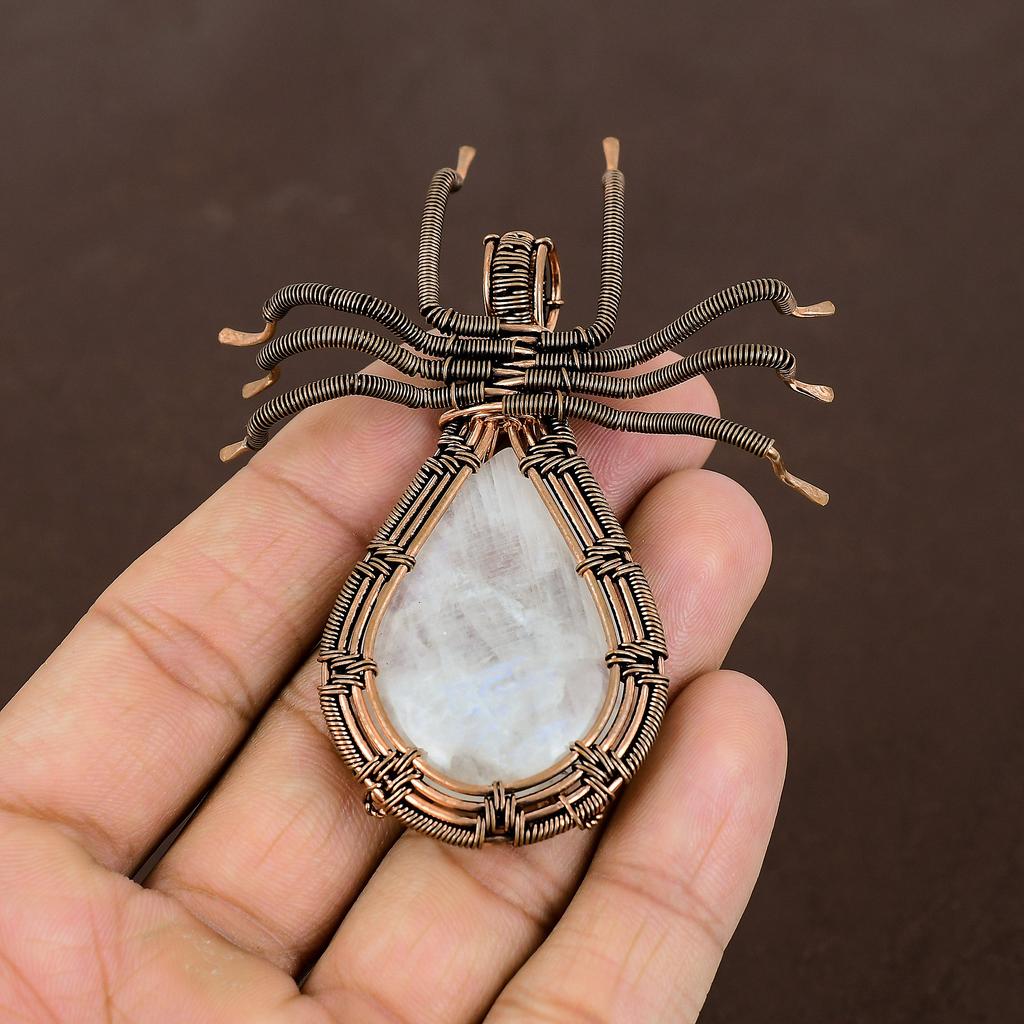 Natural Rainbow Moonstone Gemstone Copper Wire Wrap Spider Pendant 2.56" Y7u11