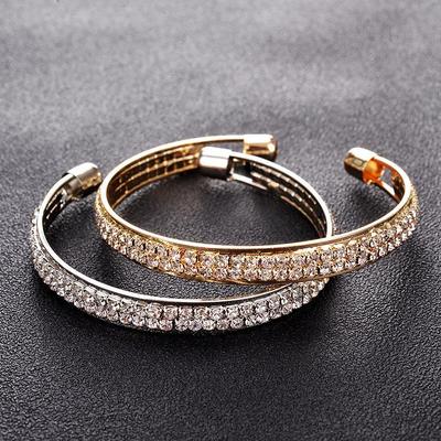 European American Fashion Rose Gold & Silver Plated 2-Row Diamond Open Bangle Bracelet for Women