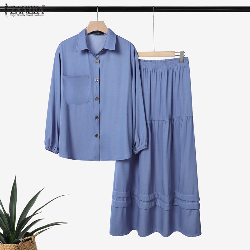 ZANZEA Blouse à manches longues pour femmes et jupes longues Ensembles décontractés deux pièces