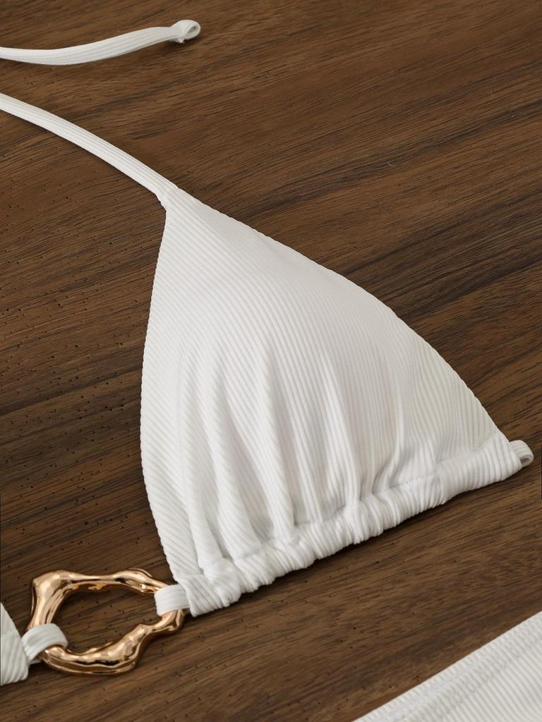 Plus Size Halter Bikini & Mesh Skirt Swimsuit Set - White