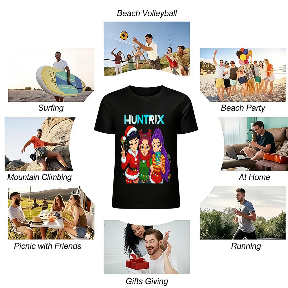 Weihnachtliches HUNTRIX Girlgroup Print Top Festliches Lässiges Rundhals Langarm T-Shirt für Damen Reines Baumwoll-T-Shirt