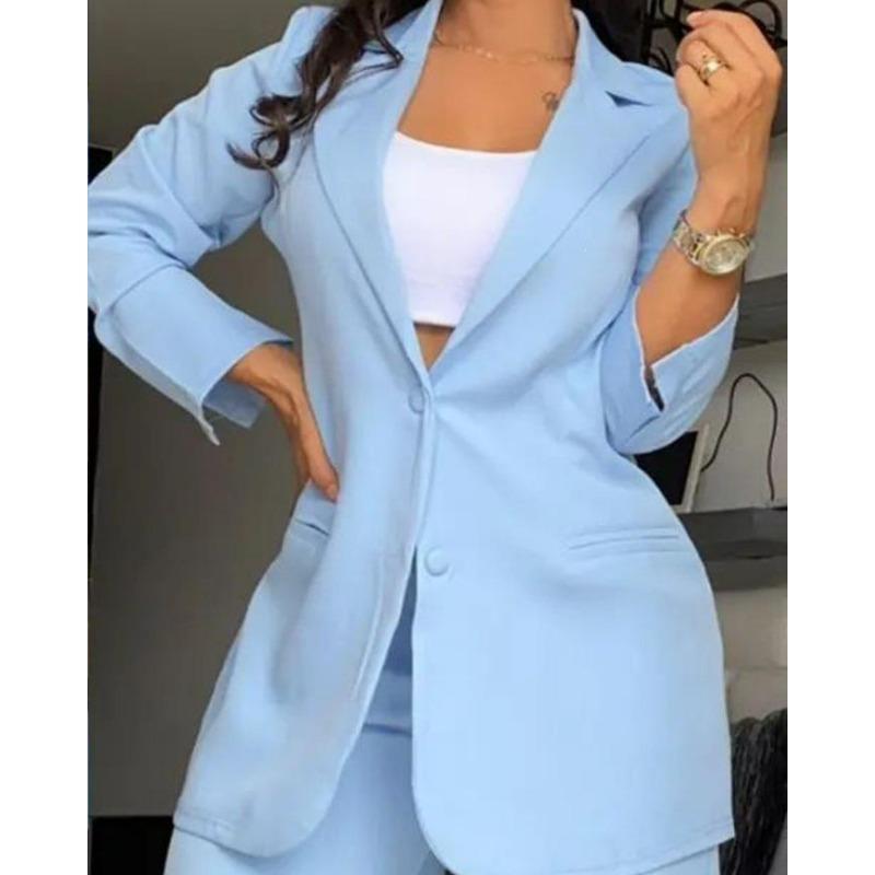 Women's Two Piece Blazer Set Lapel Jacket Wide Leg Pants Elegant Office Suit Outfit