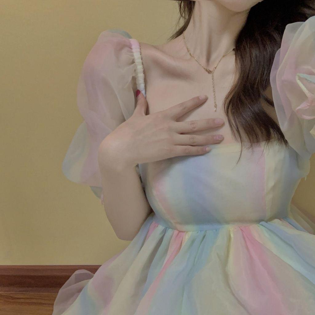 Summer French Princess Style Puff Sleeve Dress - Fluffy Fairy Design