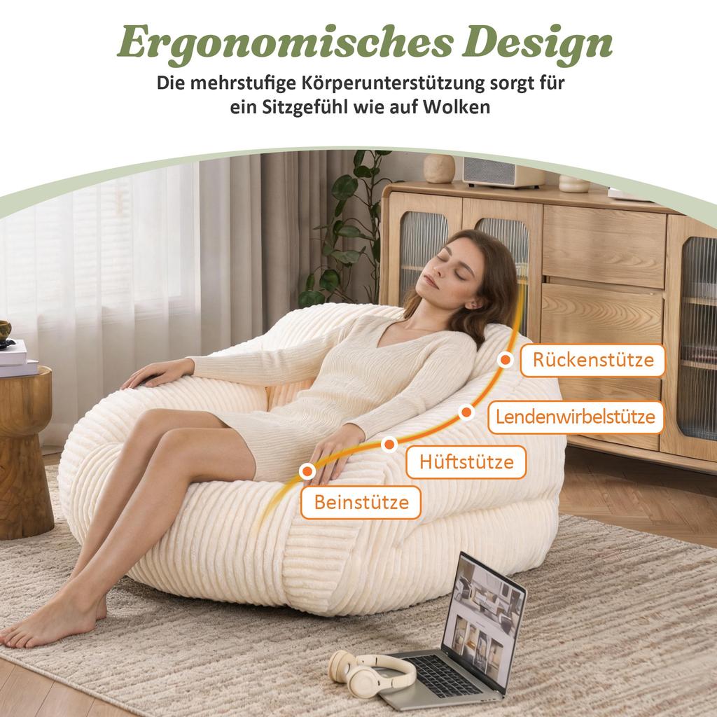 Sedia Sacco per Adulti, Sedia Lounge in Morbido Velluto a Coste, Confezionata Sottovuoto e Senza Montaggio, per Soggiorno, Camera da Letto, Balcone(beige)