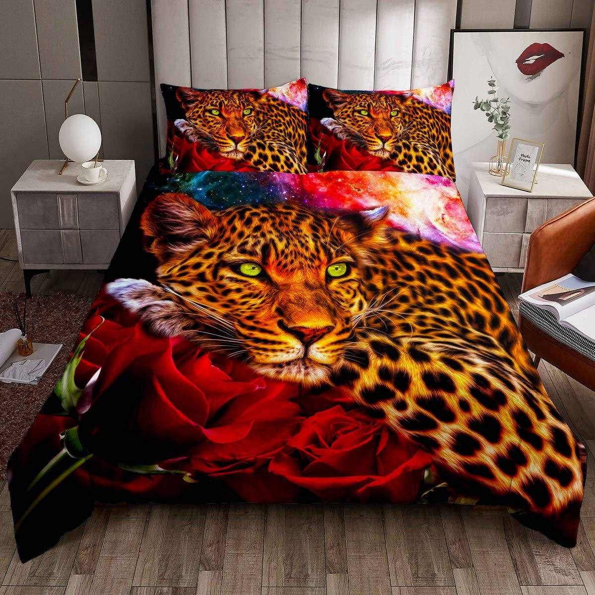 

Комплект постельного белья с леопардовым принтом размера King Size, комплект постельного белья с изображением животных дикой природы для подростков и детей, мальчиков и девочек, мягкий пододеяльник с синими розами 150x200cm 3pcs