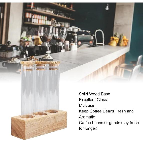 Asixxsix Coffee Bean Jars Canisters, Glass Tubes Single Dose Coffee Bean Storage with Wooden Display Stand & Airtight Lids, Coffee Bean Cellar