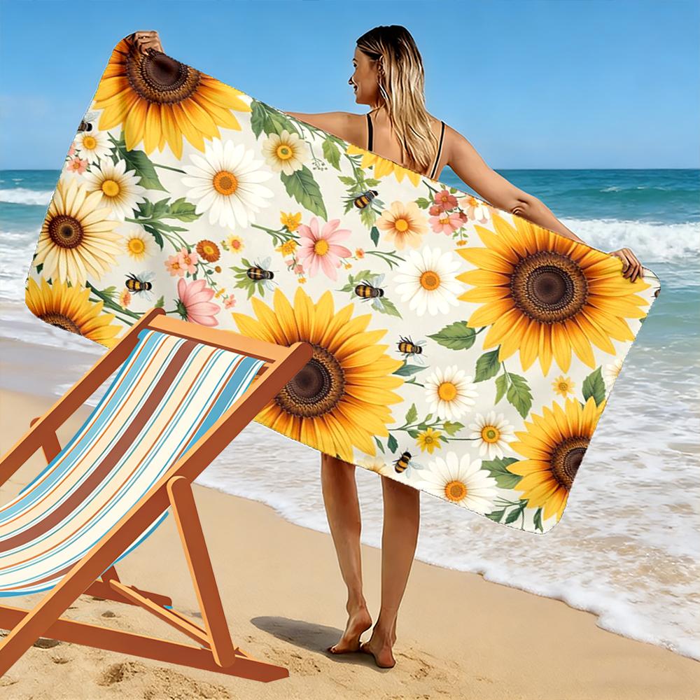 Sunflowers and Bees Floral Pattern Beach towel quick-drying for travel outdoor sports jogging beach and swimming