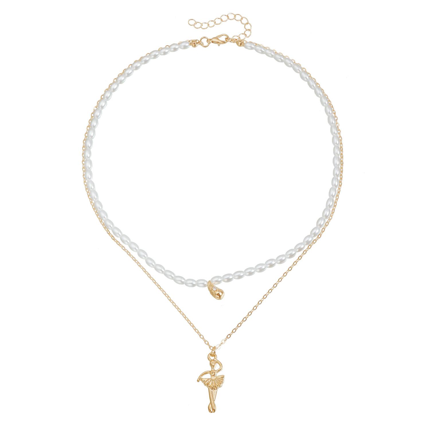 

European and American jewelry fashion rice bead pearl dancer pendant necklace niche design versatile high sense collarbone chain золотой