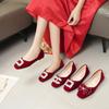 Red Flat-soled Wedding Shoes Spring 22 New with Skirt Shallow Mouth Square Diamond Ladyshoes Large Size 1