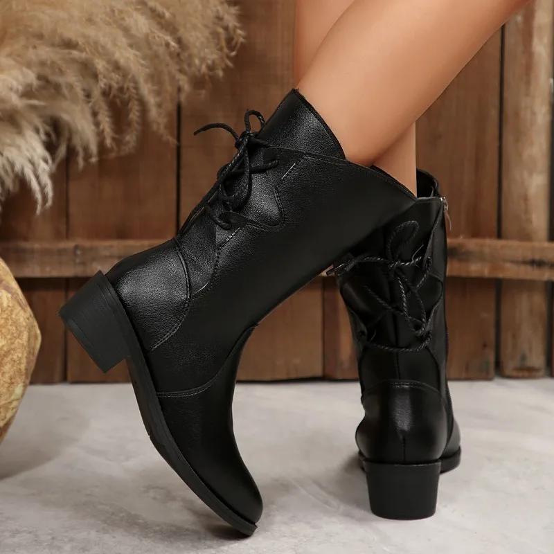 High Quality PU Zip Half Boots Shoes for Women 2025 Autumn New Versatile Black Square Heel Round Toe Concise Women's Boots