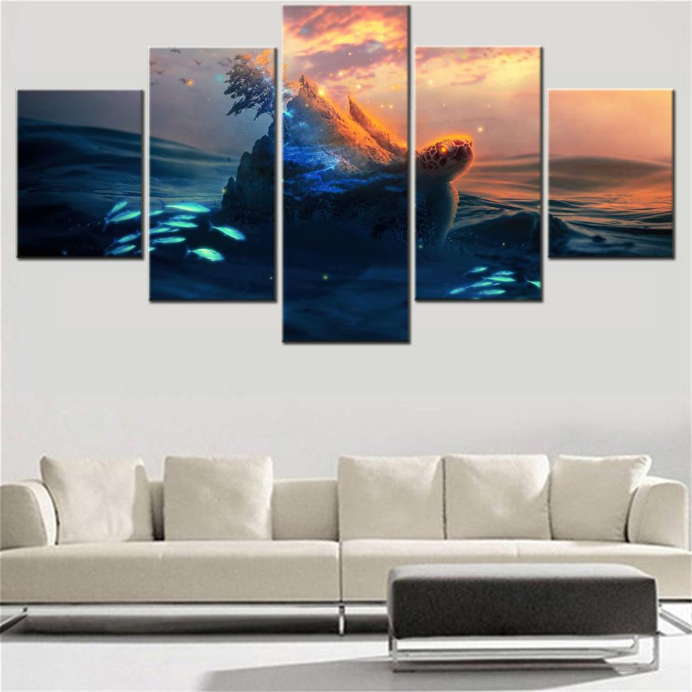

5 Pieces Canvas Wall Arts Poster Painting Animals Sea Turtle Surreal Wallpaper Interior Picture Printing For Living Room Mural 20X35 20X45 20X55CM
