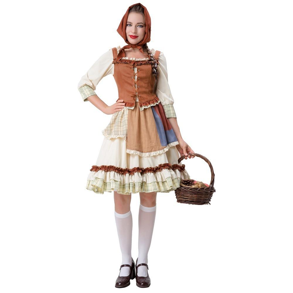 New Adult Female Halloween Little Red Riding Hood Costume Pastoral Manor Farm Maid Dress Set