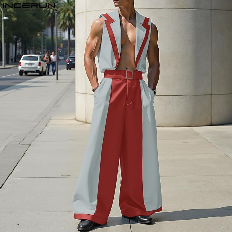 INCERUN 2PCS Men Sleeveless Patchwork Stitching Waistcoat and Long Pants Outfits Sets
